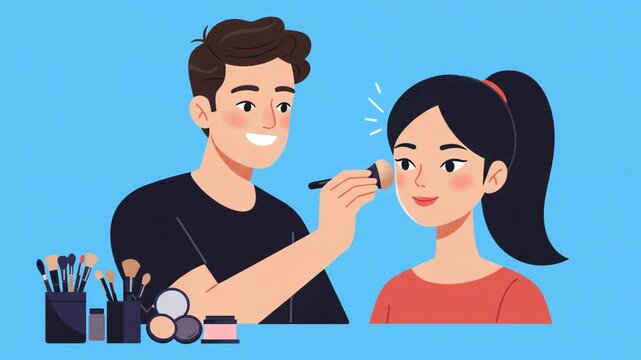 Smiling Man Applying Makeup on Woman's Face