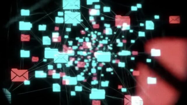 Complex Network Visualization with Blue and Red Data Icons on Black Background Represents Digital Connectivity and