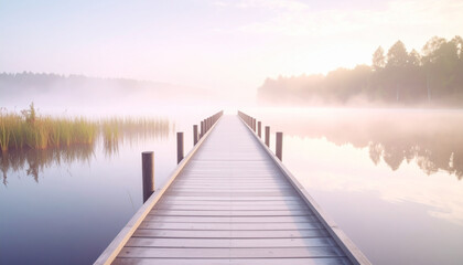 Fototapeta premium Ruhiger Alpensteg im sanften Morgenrot über spiegelndem Wasser