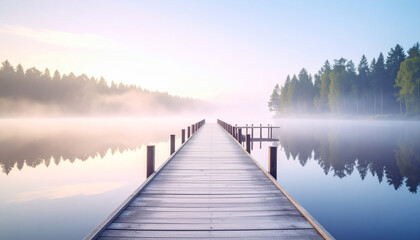 Zarter Morgennebel hüllt den Steg am Bergsee in Pastelllicht

