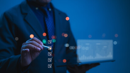 Data Driven Performance Professional In Suit With Stylus Interacting With Virtual Checklist On...
