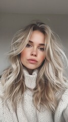 Fototapeta premium Blonde woman in cozy sweater with tousled hair