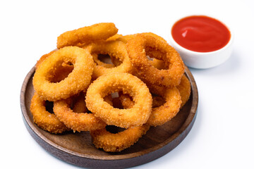 Fried onion rings on white background	