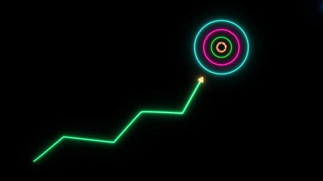A glowing neon arrow chart in pink ascends in a zigzag path toward a bright blue bullseye target, where a blue dart has hit the center.