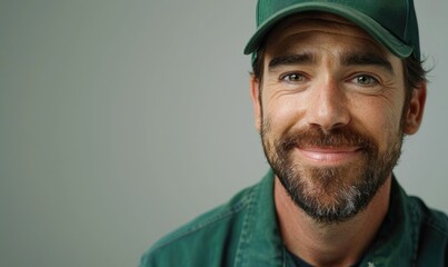 Fototapeta premium Smiling man in a green cap and jacket.