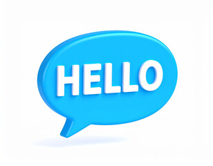 A vibrant 3d render of a blue speech bubble with the word hello in bold white letters, set against a clean white backdrop.