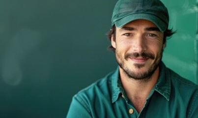 Smiling man in green shirt and cap.