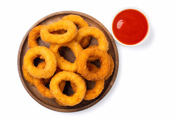 Fried onion rings on white background	