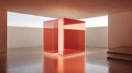 Modern minimalist interior with a luminous red cube