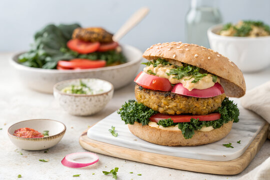 Fresh grilled beef burgers with cheese, lettuce, and tomato, alongside a fresh sandwich, fries, and salad create background with copy-space.