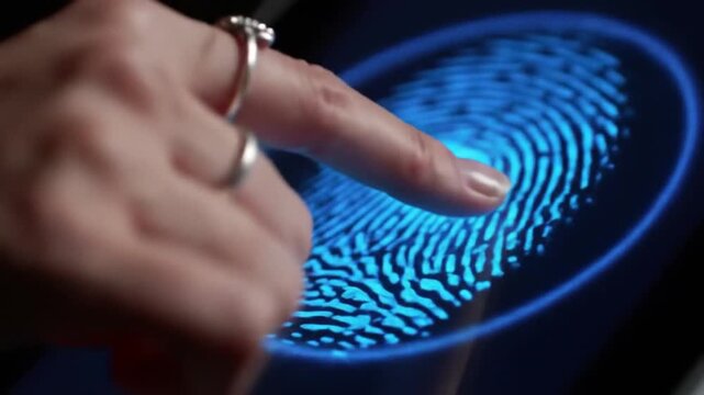 Finger Touches Blue Biometric Fingerprint Scan Displayed on Black Tablet For Digital Identity and Security