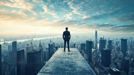 A man in a suit standing on a rooftop overlooking a cityscape with a cloudy sky.
