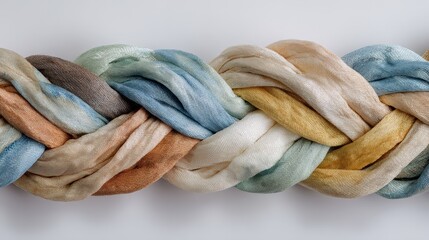 Close-up image of multicolored, intertwined fabric strands forming a thick, braided texture.