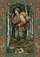Obraz premium The Fool Card Slavic Folklore Tarot Illustration — Young Traveler in Embroidered Shirt Walking Forest Path with Bindle, Framed by Ornate Eastern European Floral Motifs