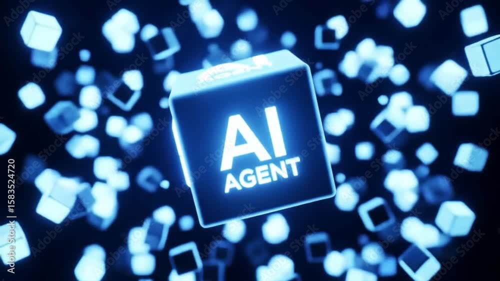 Wall mural glowing blue 3d cubes with ai agent display on a dark backdrop digital animation and futuristic tech
