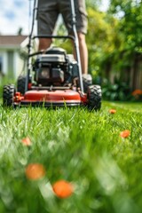 Fototapeta premium Man mowing lawn with bright green grass.