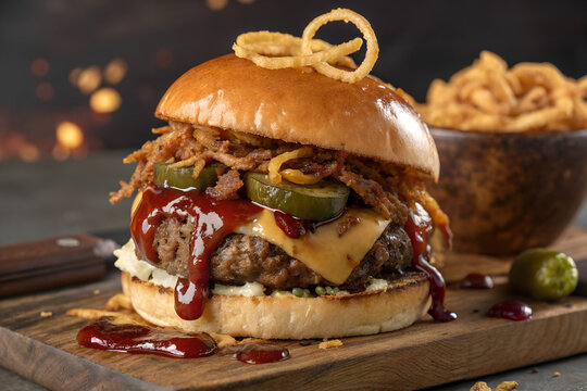 Fresh grilled beef burgers with cheese, lettuce, and tomato, alongside a fresh sandwich, fries, and salad create background with copy-space.