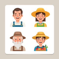 Four cartoon farmer portraits, showcasing different ages and expressions, with various farm-related attire.