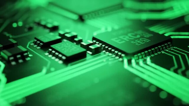 Green Computer Circuit Board with Intricate Integrated Circuits and Soft Glowing Pathways