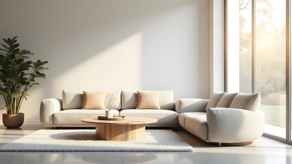 Fototapeta premium Sunlight bathes a modern living room showcasing a stylish sofa, circular coffee table, lush plant, and soft natural light.