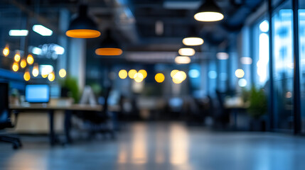 Blurred interior view of a modern office space with desks and overhead lighting.