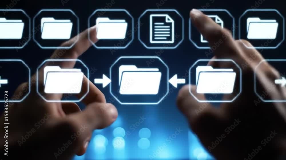 Poster hands interacting with file and folder digital interface on blue background for data management