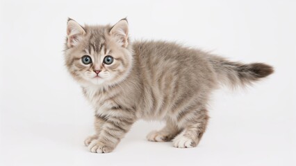 Six-week-old British Shorthair kitten standing at an angle, looking straight into the camera, isolated on a white backdrop.