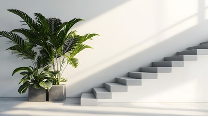 Modern minimalist interior with stairs and plants