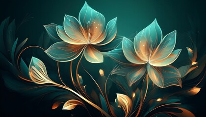 abstract glowing flowers on dark green background elegant floral design modern art