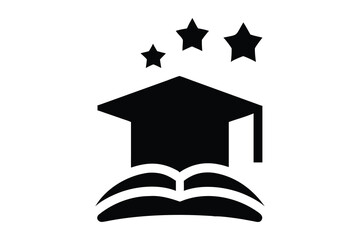 A clean and simple A graduation cap, Silhouette open book, stars, black and white
