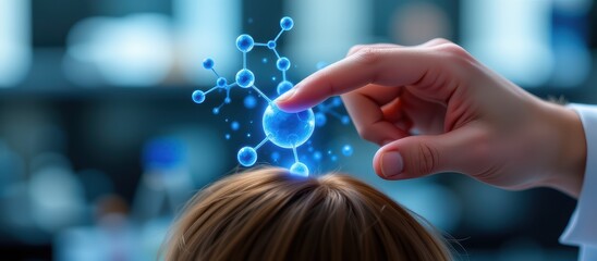 Hand reaching towards a molecular model above a person's head.