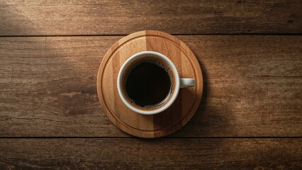 Freshly brewed espresso served in a cup on a wooden surface