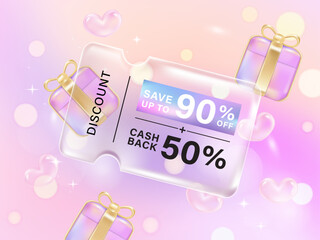 Transparency glassmorphism gift voucher coupon for discount sale on gradient background. Discount offer tag with shiny, glossy, reflective surface.