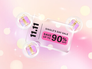 Transparency glassmorphism gift voucher coupon for 1111 single day sale on gradient background. Discount offer tag with shiny, glossy, reflective surface.