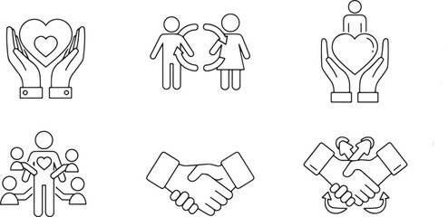 Vector art of set of icons representing care, love, and support