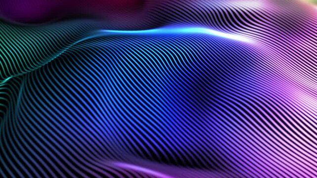 Smooth motion of 3D sound waves in virtual space. Abstract concept of artificial intelligence (AI), big data science, digital soundwave equalizer. Wave splashes on digital surface, 4K looped video