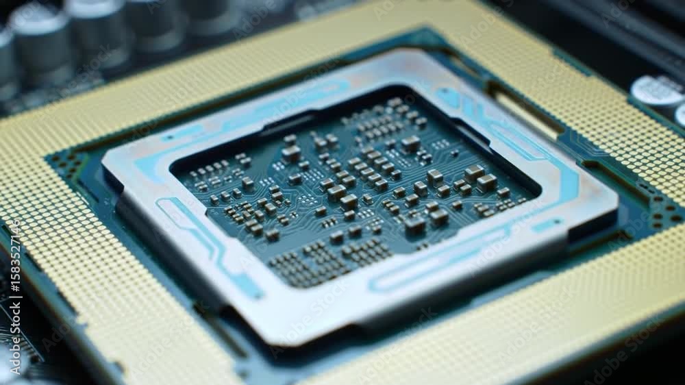 Poster macro shot of central processing unit socket on circuit board with golden edges detailed view