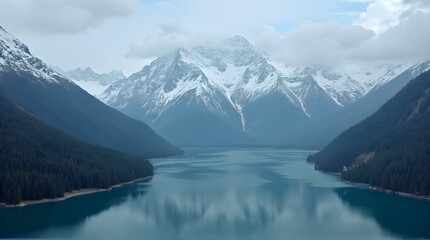 Obraz premium Serene Lake and Snowcapped Mountain.
