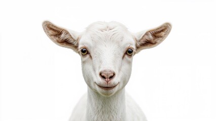 Innocent and bashful white goat kid gazing at the camera. A vertical portrait showcasing the sweet nature of this young farm animal.