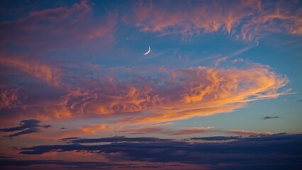 Fototapeta premium Glowing crescent moon with vibrant clouds during sunset