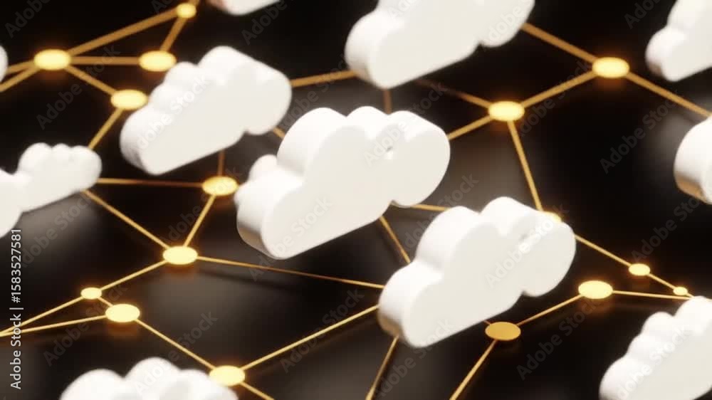 Poster network of white clouds connected by gold lines on a dark background for cloud computing data connec