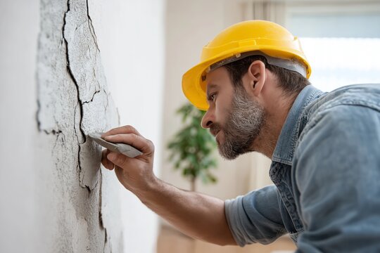 Worker repairing wall damage, applying moisture to cracked wall, focused expression. Concept of worker repairing wall damage, showcasing maintenance skills in indoor setting.