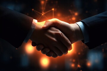 Business Partnership Concept: Two Hands in Formal Attire Shaking with a Dynamic Orange and Black Bokeh Background for Corporate and Entrepreneurial Projects