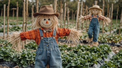 Smiling straw-filled scarecrow figure of a boy watching over the crops in allotments, while a girl scarecrow is seen behind.