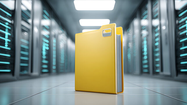 Data Folder: The central data folder sits on a clean, uncluttered surface with a servers and data center background, ideal for representing digital data. - Powered by Adobe