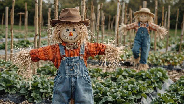 Smiling straw-filled scarecrow figure of a boy watching over the crops in allotments, while a girl scarecrow is seen behind.