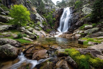 Fototapeta premium Serene waterfall cascading into a clear pool, surrounded by lush greenery and rocky terrain
