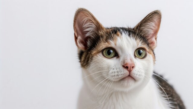 Domestic cat portrait displaying distinct calico markings with green eyes against a simple white background - Powered by Adobe