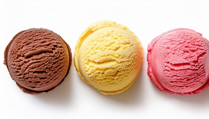 Fototapeta premium vanilla strawberry chocolate yellow ice cream scoops from top view isolated on white background
