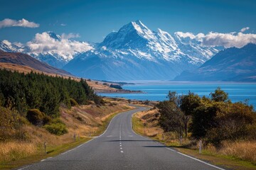 Fototapeta premium Scenic mountain road leading to a glistening lake, snow-capped peak in the background